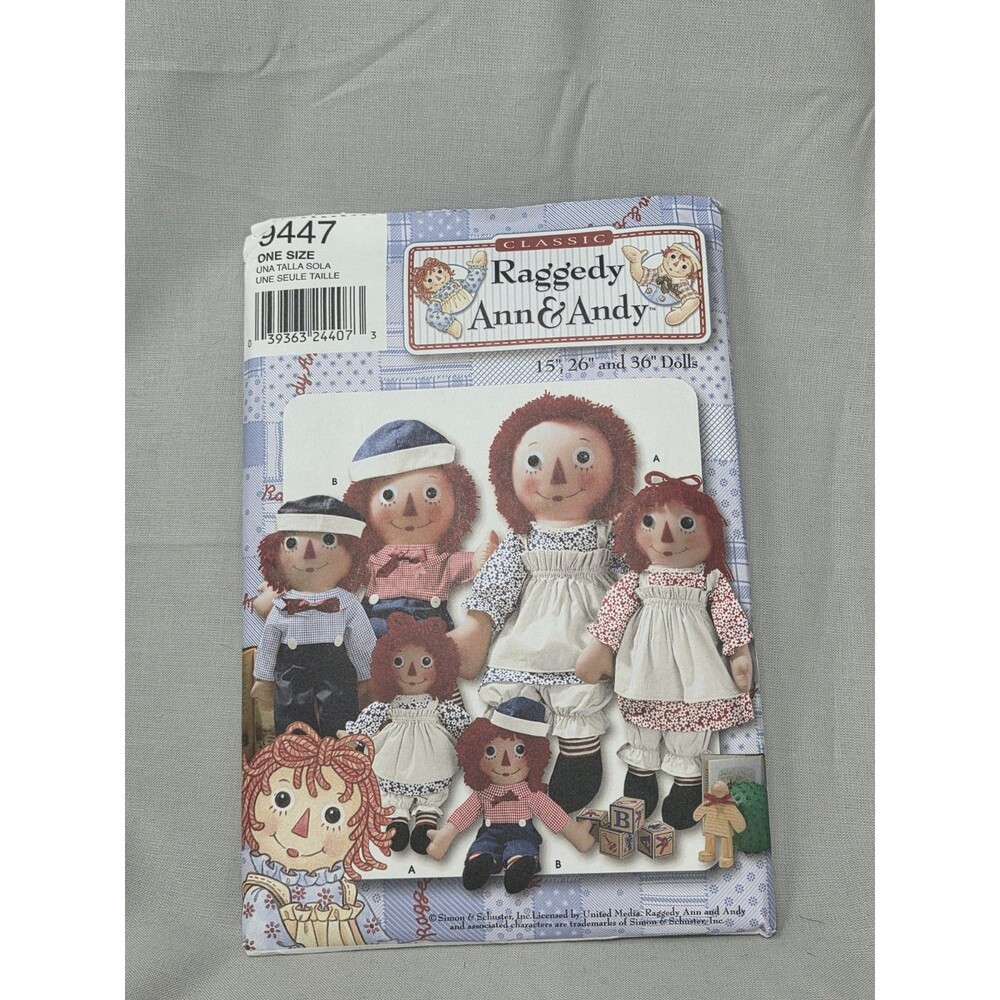 Simplicity Pattern #9447 Classic Raggedy Ann & Andy Dolls 15" 26" & 36" UNCUT